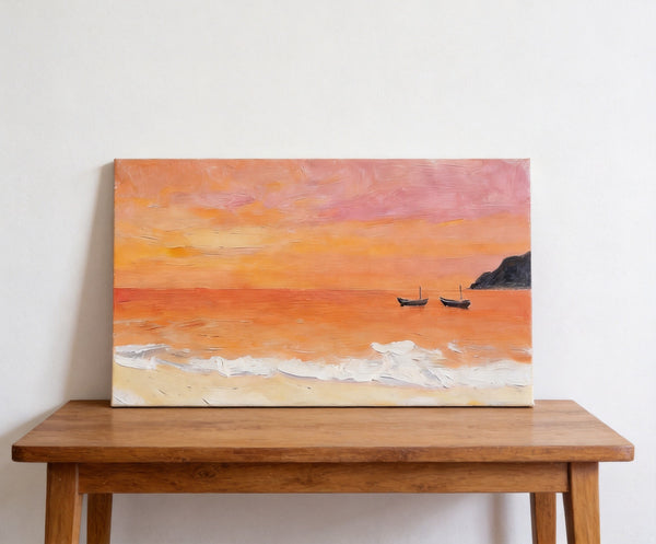 Hand Painted Canvas Artwork, Small Canvas Wall Art Paintings, Sunset Paintings, Boats Adrift in Sunset Glow, Original Seascape Paintings-Paintingforhome