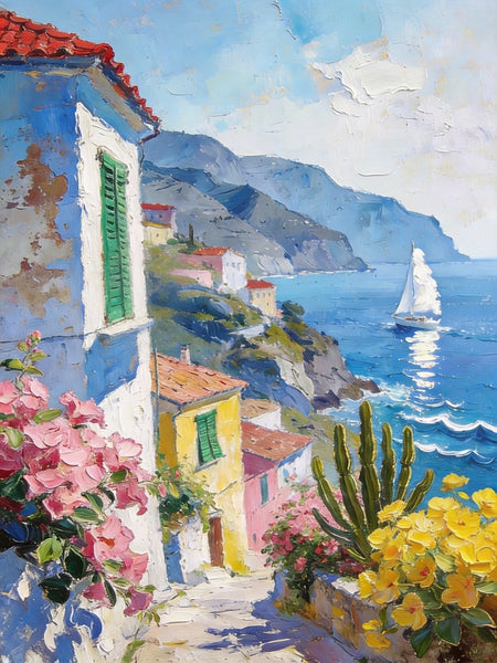 Summer in a Seaside Town, Original Artwork Small Paintings, On Canvas Small Paintings, Palette Knife Artwork, Landscape Canvas Paintings, Hand Painted Canvas Art-Paintingforhome