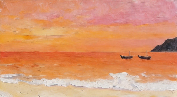 Hand Painted Canvas Artwork, Small Canvas Wall Art Paintings, Sunset Paintings, Boats Adrift in Sunset Glow, Original Seascape Paintings-Paintingforhome