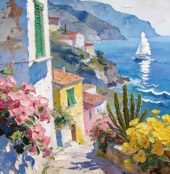 Summer in a Seaside Town, Original Artwork Small Paintings, On Canvas Small Paintings, Palette Knife Artwork, Landscape Canvas Paintings, Hand Painted Canvas Art-Paintingforhome