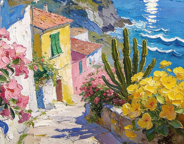 Summer in a Seaside Town, Original Artwork Small Paintings, On Canvas Small Paintings, Palette Knife Artwork, Landscape Canvas Paintings, Hand Painted Canvas Art-Paintingforhome