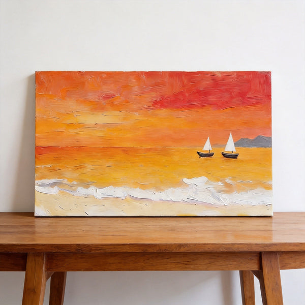 Small Canvas Wall Art Paintings, Original Seascape Paintings, Sailing into the Tangerine Dusk‌, Seashore Sunset Paintings, Hand Painted Canvas Art-Paintingforhome