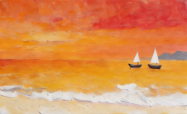 Small Canvas Wall Art Paintings, Original Seascape Paintings, Sailing into the Tangerine Dusk‌, Seashore Sunset Paintings, Hand Painted Canvas Art-Paintingforhome