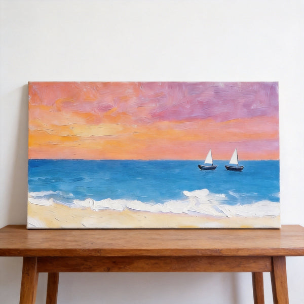 Sunset Paintings, Tranquil Blue Sea at Sunset, Original Seascape Paintings, Small Canvas Wall Art Paintings, Hand Painted Canvas Artwork-Paintingforhome