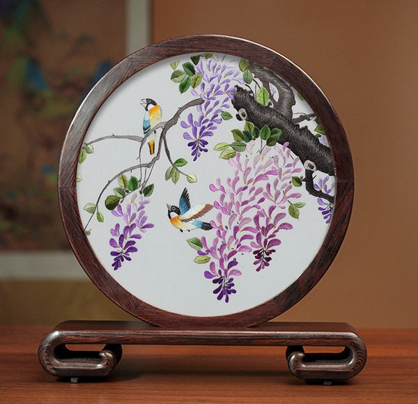 Flower and Birds Silk Embroidery Ornaments, Exclusive Business Presents, Creative Birthday Gift, Premium Souvenir, Traditional Chinese Suzhou Silk Embroidery-Paintingforhome