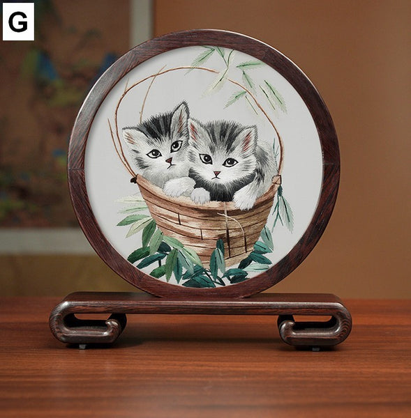 Exclusive Business Present, Lovely Kitty Cat Embroidered Decor, Premium Souvenir, Unique Birthday Gift, Traditional Chinese Suzhou Kitten Embroidery Ornament-Paintingforhome