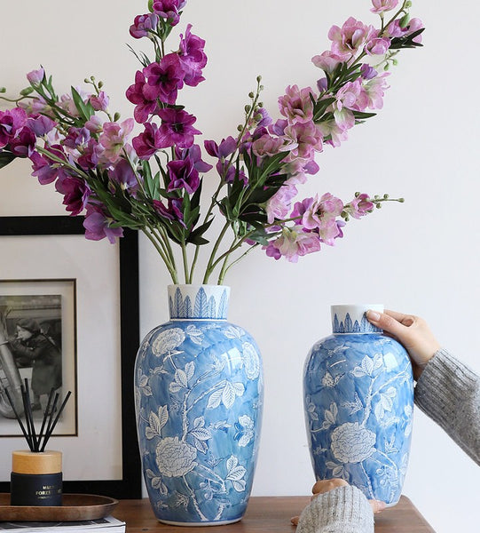 Large Flower Vases on Dining Table, Blue Porcelain Flower Vases, Centerpiece Ceramic Bouquet Vases, Handmade Modern Flower Vase-Paintingforhome