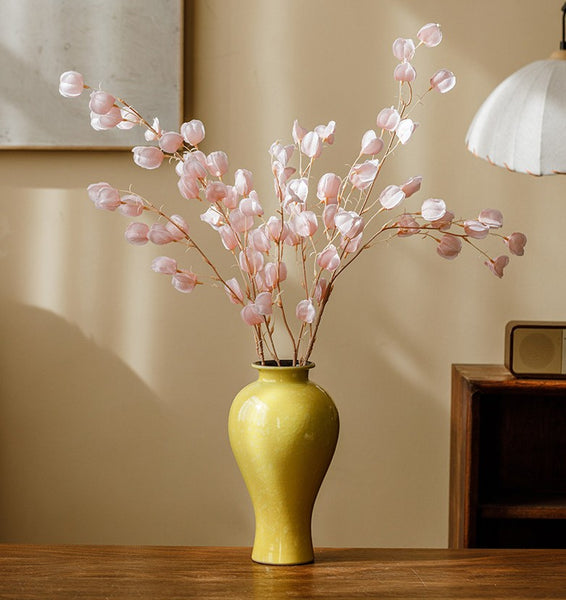 Porcelain Flower Vases, Handmade Water Holding Flower Vase, Yellow Flower Vases on Table, Ceramic Bud Vases-Paintingforhome