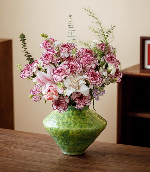 Modern Pottery Flower Vases, Handmade Water Holding Flower Vases, Pottery Bud Vases, Large Green Flower Vases on Table, Centerpiece on Dining Table-Paintingforhome