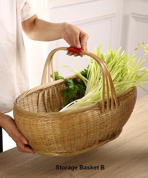 Natural Hand-woven Bamboo Basket, Natural Fruit Basket Kitchen Storage Baskets, Extra Large Picnic Food Basket with Handle, Lovely Bamboo Baskets for Vegetable-Paintingforhome