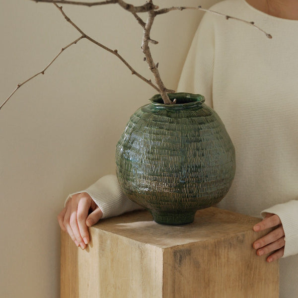 Centerpiece Ceramic Bouquet Vases, Green Porcelain Vases for Modern Home Decor, Large Contemporary Vases on Dining Table, Handmade Modern Flower Vase-Paintingforhome