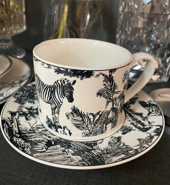 Royal Ceramic Cups, Elegant Ceramic Coffee Cups, 6.8 oz Tea Cup and Saucer in Gift Box, Zebra Jungle Porcelain Tea Cup Saucer Set-Paintingforhome