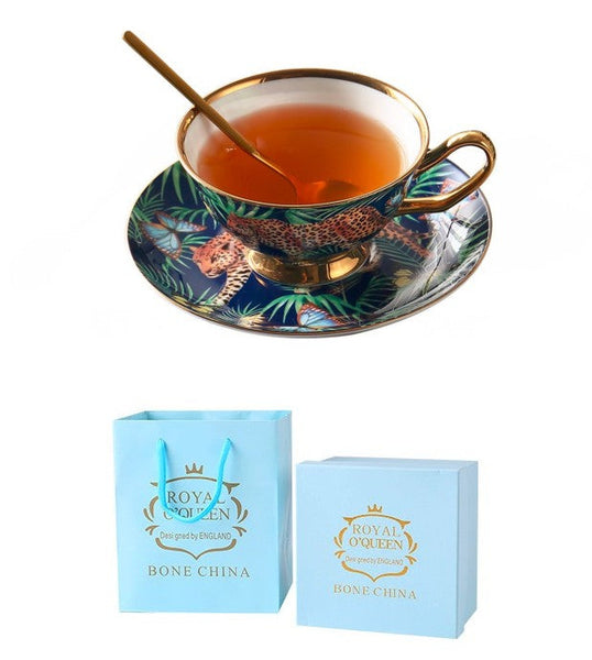 Creative Leopard Ceramic Coffee Cups, 6.8 oz Tea Cup and Saucer in Gift Box as Birthday Gift, Beautiful British Tea Cups, Creative Porcelain Tea Cup Set-Paintingforhome