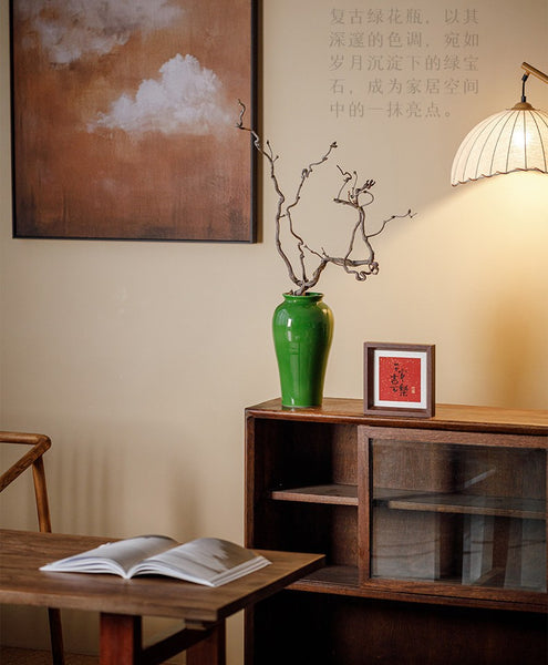 Handmade Water Holding Flower Vase, Centerpiece Ceramic Bud Vases, Green Porcelain Flower Vases, Vintage Flower Vases on Table-Paintingforhome