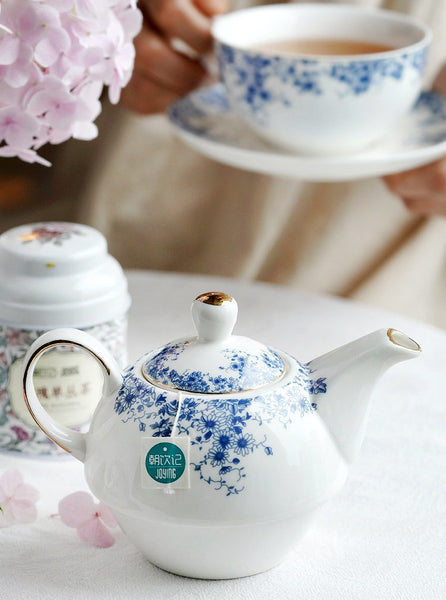 Mother and Baby Teapot with Matching Saucer British Style Porcelain Teapot with Matching Cup and Saucer in Gift Box, Ceramic Tea Pot with Integrated Cup, Stackable Teapot and Cup Set-Paintingforhome