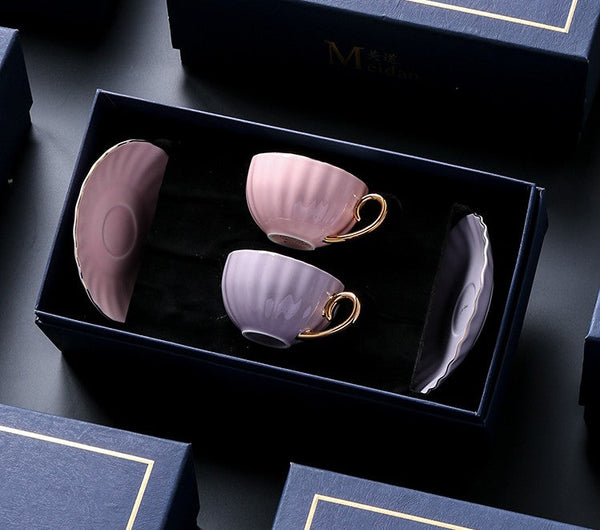 Macaroon Ceramic Coffee Cups, 6.8 oz Tea Cup and Saucer Set of 2 Cups in Gift Box as Birthday Gift, Beautiful Elegant British Tea Cups, Creative Porcelain Tea Cup Set-Paintingforhome