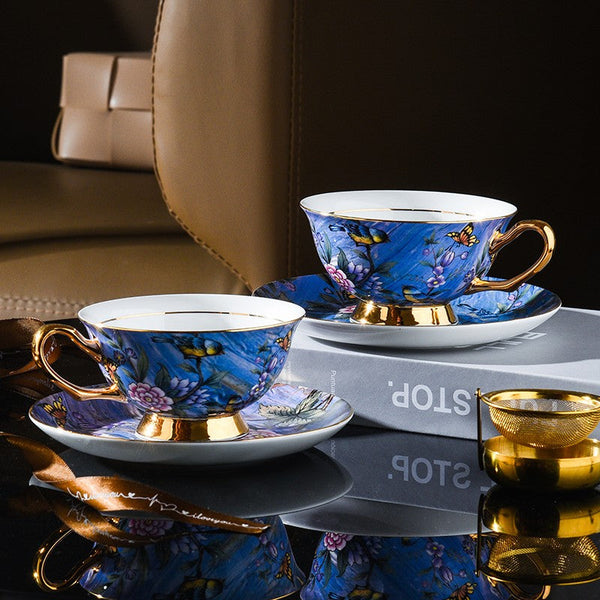 Blue Bird and Butterfly Porcelain Tea Cup Saucer Set, 7.4 oz British Tea Cup and Saucer in Gift Box, Elegant British Ceramic Coffee Cups-Paintingforhome