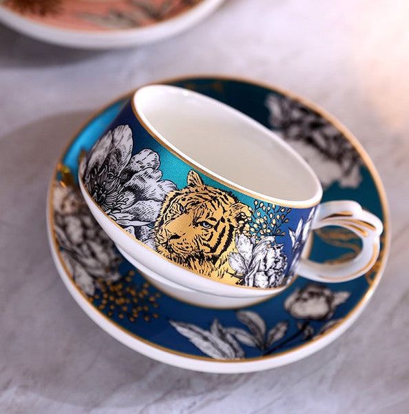 Handmade Ceramic Cups with Gold Trim and Gift Box, Jungle Tiger Cheetah Porcelain Coffee Cups, Creative Ceramic Tea Cup and Saucer-Paintingforhome