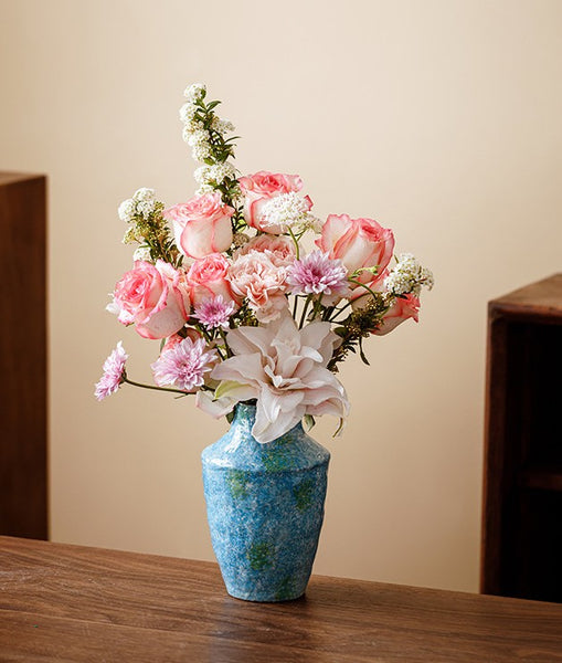Centerpiece on Dining Table, Blue Flower Vase on Table, Handmade Water Holding Flower Vases, Pottery Flower Vases, Modern Bouquet Flower Vases-Paintingforhome