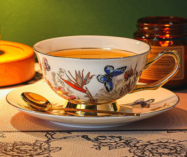Ceramic Coffee Cups in Gift Box, Butterfly Pattern Porcelain Tea Cup and Saucer Set, British Traditional Afternoon Tea Cup and Saucer Set-Paintingforhome