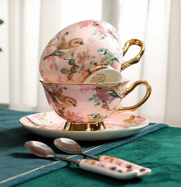 Lovely Birds Ceramic Cups, Elegant Ceramic Coffee Cups, Afternoon Porcelain Tea Cup Saucer Set, Unique Tea Cup and Saucer in Gift Box-Paintingforhome