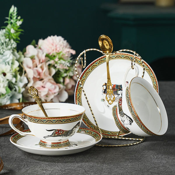Porcelain Tea Cup and Saucer Set, 7.4 oz British Horse Pattern Coffee Cup with Saucer, Ceramic Tea Cup and Saucer in Gift Box-Paintingforhome