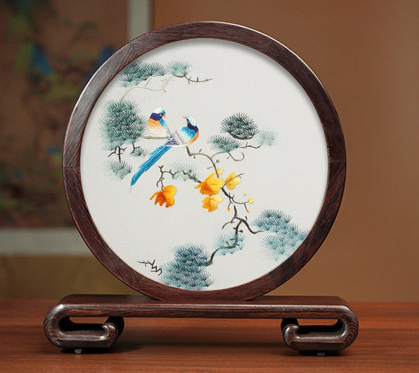 Flower and Bird Embroidery Ornaments, Unique Birthday Gift, Traditional Chinese Suzhou Silk Embroidered Ornament, Premium Souvenir, Exclusive Business Presents-Paintingforhome