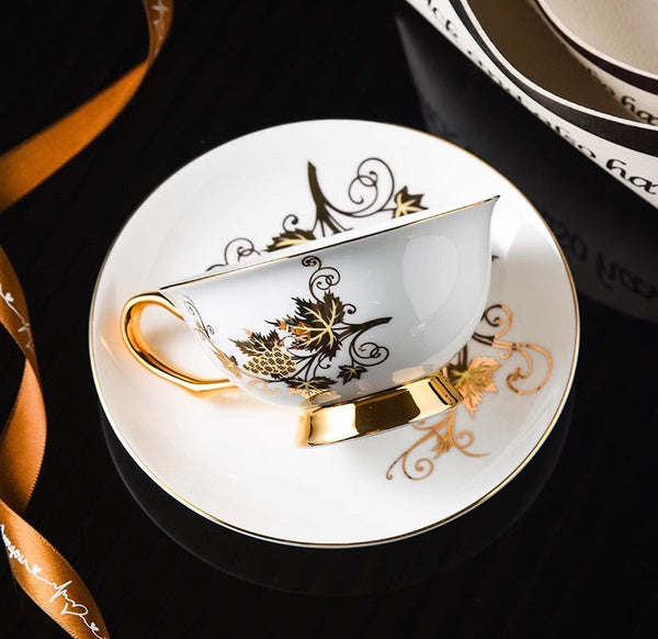 Elegant British Ceramic Coffee Cups, 7.4 oz Golden Leaves and Grapes Porcelain Tea Cup Saucer Set, Unique British Tea Cup and Saucer in Gift Box-Paintingforhome
