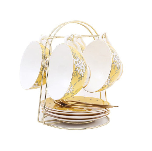 Creative Yellow Ceramic Coffee Cups, Unique Flower Coffee Cup and Saucer, Beautiful British Tea Cups, Creative Porcelain Tea Cup Set-Paintingforhome