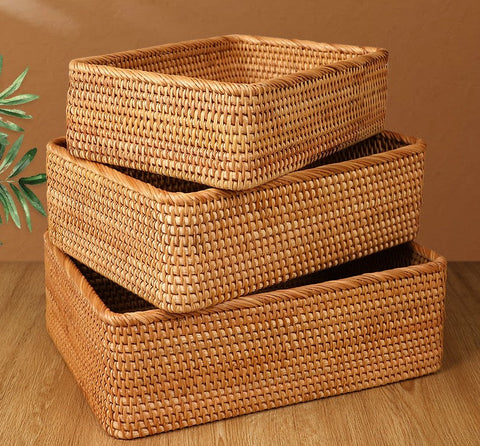 Rectangular Storage Basket for Living Room, Small Kitchen Storage Baskets, Woven Storage Baskets, Rattan Storage Baskets for Shelves-Paintingforhome