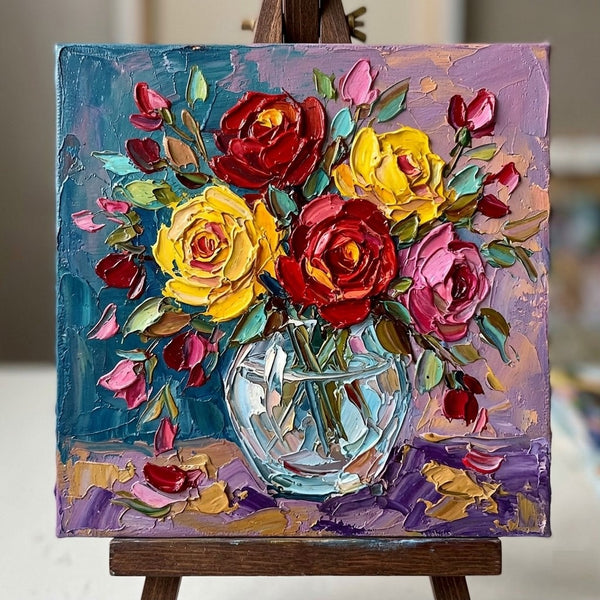 Impasto Heavy Texutre Art, Still Life Painting, Small Canvas Artwork for Sale, Rose Flowers in Full Bloom, Hand Painted Canvas Art, Original Flower Paintings