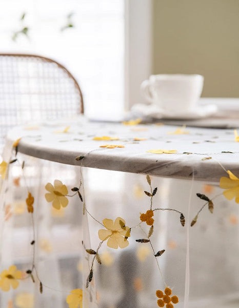 Yellow Flower Lace Tablecloths, Extra Large Rectangular Tablecloth for Oval Table, Lace Embroidered Table Covers, Rectangular Table Covers for Coffee Table-Paintingforhome