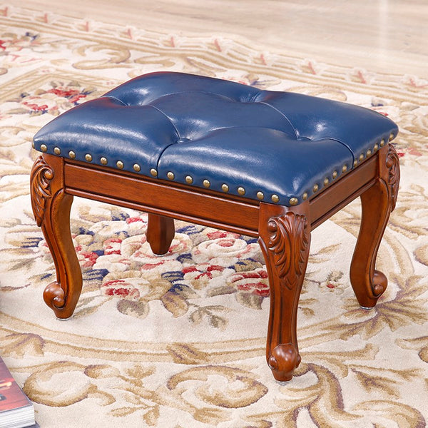 Vanity Stool, Genuine Leather Solid Wood Entry Bench, Solid Wood Ottoman, Rubberwood Entry Bench, Vintage Entry Stool-Paintingforhome