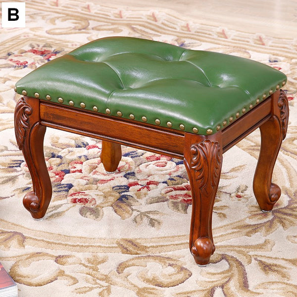 Vanity Stool, Genuine Leather Solid Wood Entry Bench, Solid Wood Ottoman, Rubberwood Entry Bench, Vintage Entry Stool-Paintingforhome