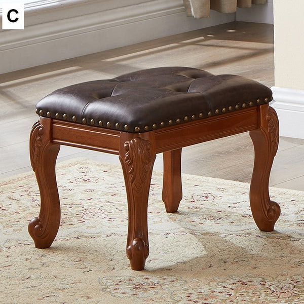 Vanity Stool, Genuine Leather Solid Wood Entry Bench, Solid Wood Ottoman, Rubberwood Entry Bench, Vintage Entry Stool-Paintingforhome