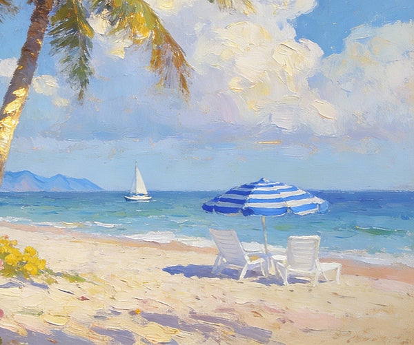 Small Landscape Paintings, Sunlit Tropical Shore, Flowers, Lounge Chairs and Calm Seas, On Canvas Small Paintings, Original Wall Art Paintings, Original Artwork Small Paintings, Impasto Artwork, Small Wall Paintings-Paintingforhome