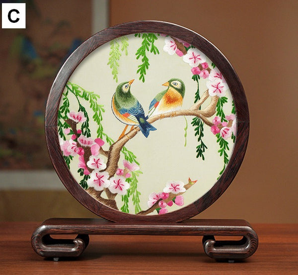 Creative Birthday Gift, Premium Souvenir, Elegant Silk Embroidery Ornaments, Traditional Chinese Suzhou Flower and Birds Silk Embroidery, Exclusive Business Presents-Paintingforhome