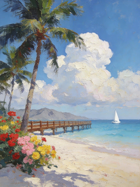 Landscape Canvas Paintings, A Coastal Scene with Blossoms and Blue Waters, Original Artwork Small Paintings, Hand Painted Canvas Art, On Canvas Small Paintings, Palette Knife Artwork-Paintingforhome