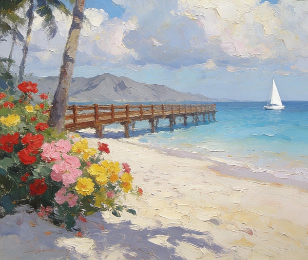 Landscape Canvas Paintings, A Coastal Scene with Blossoms and Blue Waters, Original Artwork Small Paintings, Hand Painted Canvas Art, On Canvas Small Paintings, Palette Knife Artwork-Paintingforhome