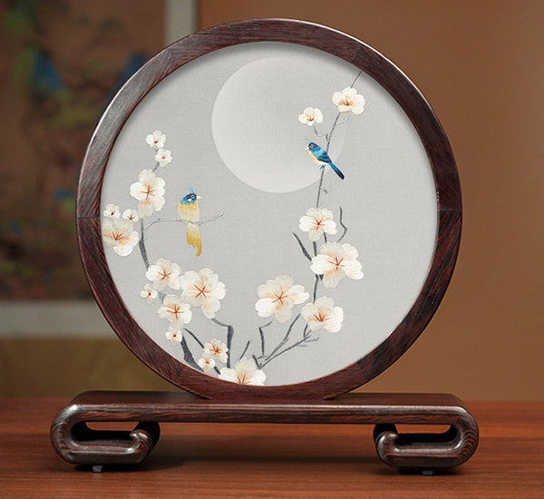 Premium Souvenir, Creative Birthday Gift, Elegant Silk Embroidery Ornaments, Traditional Chinese Suzhou Flower and Birds Silk Embroidery, Exclusive Business Presents-Paintingforhome