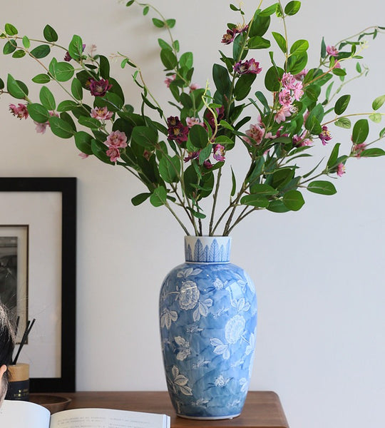 Large Flower Vases on Dining Table, Blue Porcelain Flower Vases, Centerpiece Ceramic Bouquet Vases, Handmade Modern Flower Vase-Paintingforhome