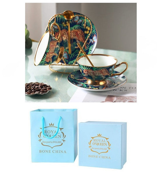 Creative Leopard Ceramic Coffee Cups, 6.8 oz Tea Cup and Saucer in Gift Box as Birthday Gift, Beautiful British Tea Cups, Creative Porcelain Tea Cup Set-Paintingforhome
