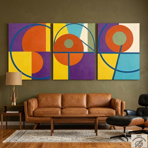 Geometric Pattern Contemporary Artwork, Abstract Paintings for Mid Century Modern Living Room, Multi Panel Canvas Art