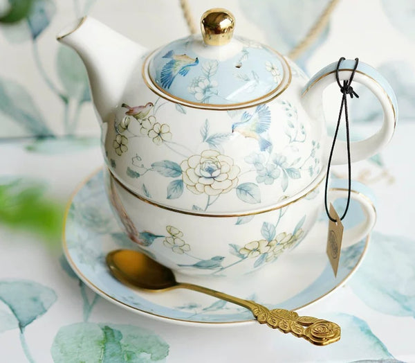 Stackable Teapot and Cup Set, Ceramic Tea Pot with Integrated Cup, Porcelain Teapot with Matching Cup and Saucer in Gift Box, Mother-and-Baby Teapot with Matching Saucer-Paintingforhome
