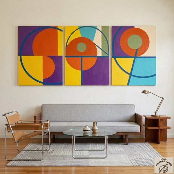 Geometric Pattern Contemporary Artwork, Abstract Paintings for Mid Century Modern Living Room, Multi Panel Canvas Art