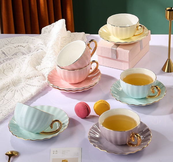 Elegant Macaroon Ceramic Coffee Cups, Beautiful British Tea Cups, Creative Porcelain Tea Cup Saucer Set of 2 Cups, 6.8 oz Tea Cup and Saucer in Gift Box as Birthday Gift-Paintingforhome