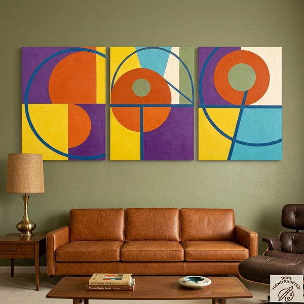 Geometric Pattern Contemporary Artwork, Abstract Paintings for Mid Century Modern Living Room, Multi Panel Canvas Art