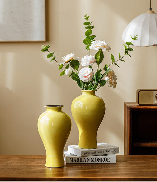 Porcelain Flower Vases, Handmade Water Holding Flower Vase, Yellow Flower Vases on Table, Ceramic Bud Vases-Paintingforhome