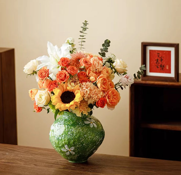 Modern Pottery Flower Vases, Centerpiece on Dining Table, Handmade Water Holding Flower Vases, Pottery Bud Vases, Large Green Flower Vases on Table-Paintingforhome