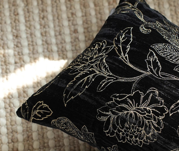 Contemporary Modern Sofa Pillows, Black Embroidery Flower Pattern Pillows for Couch, Decorative Throw Pillows for Bedroom, Large Modern Sofa Pillow for Dining Room-Paintingforhome